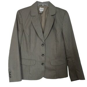 Chico’s Cotton Neutral Blazer Pinstriped Gray Three Button Career Wear READ Sz 8
